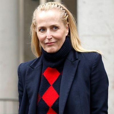 Gillian Anderson Pairs Her Miu Miu Runway Debut With an Argyle Sweater Trend Test-Drive