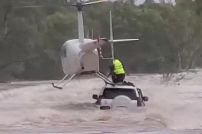 Moment dog is rescued from raging floodwaters by helicopter