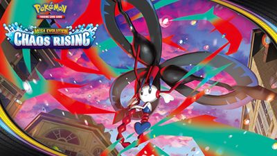 The next Pokemon TCG set is Chaos Rising, with "Mega Floette ex wreaking havoc" across Lumiose City