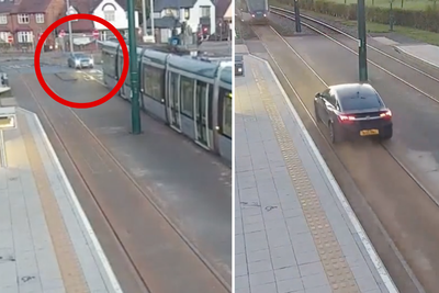 Watch: CCTV captures driver tailgating tram on Nottingham tracks