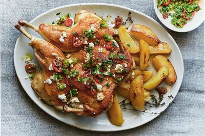 Feta-brined spatchcock chicken is cooked under a weight in this Egyptian recipe
