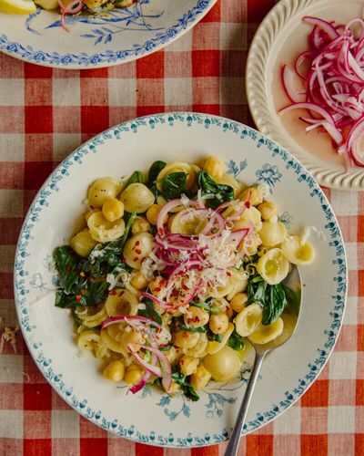 Joe Woodhouse’s recipes for orecchiette with chickpeas, and polenta chips with saucy chickpeas
