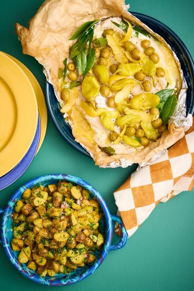 Alice Zaslavsky’s flathead baked in paper with roasted potatoes and peppers – recipe