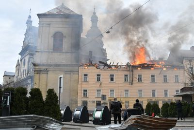 Three dead and Unesco monastery hit in Lviv as Russia launches rare daylight drone attack on Ukraine