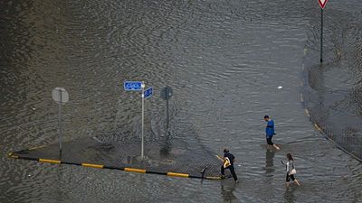 Flooded streets in Sharjah after heavy rain hits the United Arab Emirates