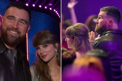 Taylor Swift thanks fiancé Travis Kelce on stage as couple make first awards show appearance together