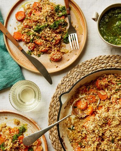 Carrot crumble and sprouting broccoli with almond butter: Chantelle Nicholson’s vegetable recipes for Easter