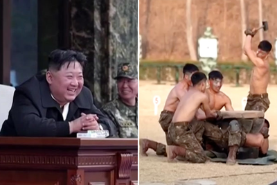 Smiling Kim Jong Un watches on as troops pummel each other with bricks and axes at military showcase