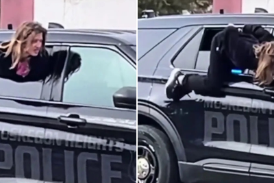Handcuffed woman makes dramatic escape through police car window