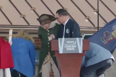 Moment Pennsylvania Governor is almost hit by falling backdrop