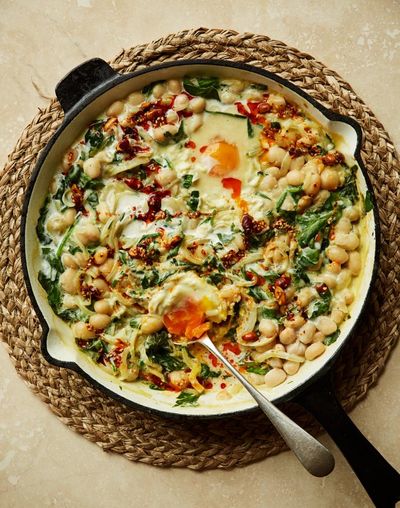 Rukmini Iyer’s quick and easy recipe for chilli eggs with miso beans and spinach