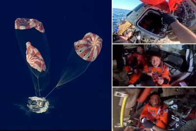 Moment Navy crews celebrate with Artemis II astronauts after they make it back safely from the moon