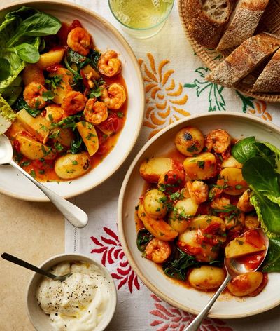 Georgina Hayden’s quick and easy recipe for smoky prawn, new potato and spinach stew