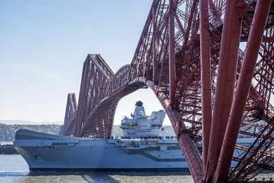 HMS Queen Elizabeth sails under Forth Bridge for post-maintenance sea trials