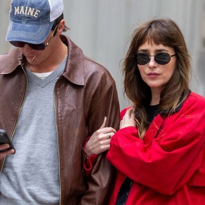 Dakota Johnson Mixes the Barn Jacket and Strawberry Red Spring Trends Into One Role Model Date Outfit