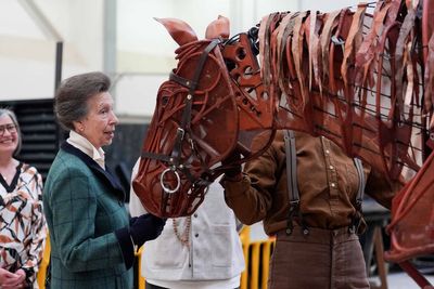 Princess Royal pats and jokes with puppet horse ‘Joey’ at National Theatre visit
