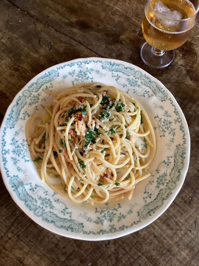 Rachel Roddy’s recipe for spaghetti with crab, chilli, herbs and lemon