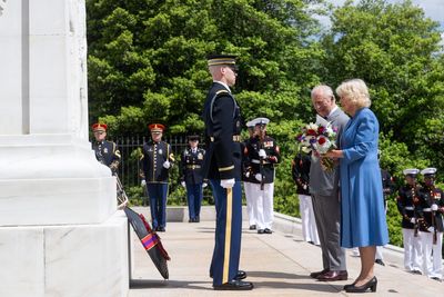 King Charles and Queen Camilla lay wealth at war memorial on final day of US State visit