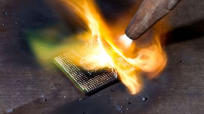 Tech teardown specialist delids a Xeon with a blowtorch and hunting knife — wood chopping block makes a worthy stage for the sacrifice