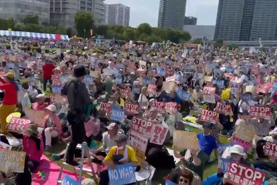 Japan sees largest ever protest in support of pacifism as Takaichi seeks to amend constitution