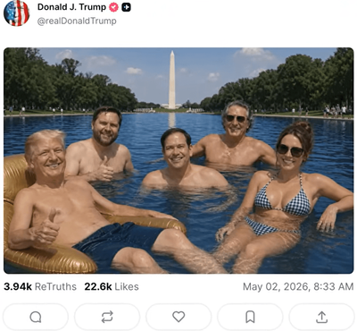 Donald Trump Triggers Outrage After Posting Bizarre Shirtless AI Party Scenes in Lincoln Memorial Pool