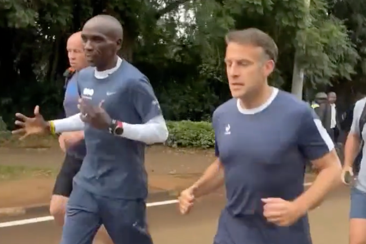 Watch: Emmanuel Macron joins Olympic marathon champion for morning run