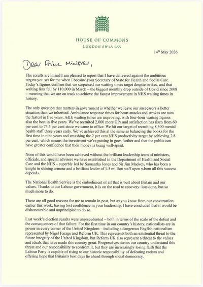 Wes Streeting's withering resignation letter in full - 'Where we need vision, we have a vacuum'