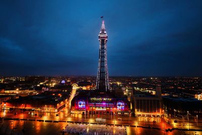 Blackpool Tower lit up with the names of new Strictly Come Dancing presenters