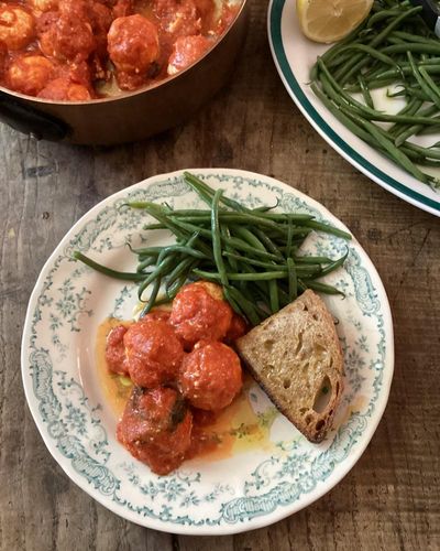 Rachel Roddy’s recipe for ricotta and breadcrumb balls in tomato, chilli and basil sauce