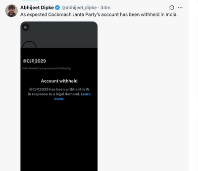 Cockroach Janta Party's X account withheld in India hours after it surpasses BJP on Instagram with nearly 13 million followers