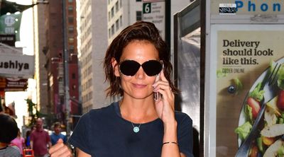 Katie Holmes's denim pencil skirt, navy t-shirt and embellished flip flops is the heatwave formula I'm relying on this week