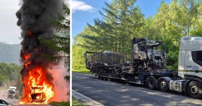 Tesco lorry 'melts into tarmac' on A9 with fire seen for miles