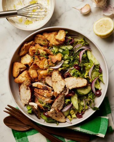 Georgina Hayden’s quick and easy recipe for chicken souvlaki salad