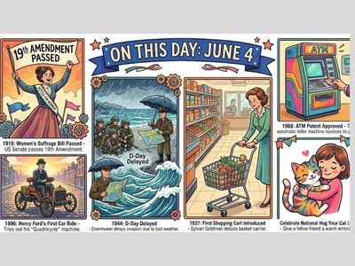On This Day, June 4: Iran's supreme leader elected, women's suffrage bill passed, ATM patent approved, D-Day delayed, first shopping cart introduced, Henry Ford's first car ride and National Hug Your Cat Day
