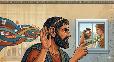 Greek proverb of the day: 'Through our ears others may persuade us not to believe the evidence of...' - motivational life lessons on critical thinking, trusting facts and evidence over opinions and how to not get manipulated and navigate misinformation and social influence