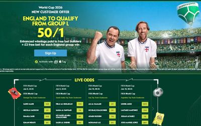 Paddy Power World Cup 2026 offer: 50/1 on England to qualify from Group L