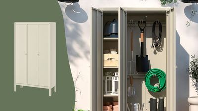 This IKEA cabinet is a sleek, compact shed alternative that will keep your garden tools organised in style