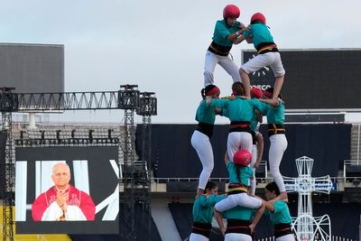 Catalonia's famed human tower climbers greet Pope Leo in Barcelona