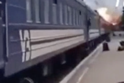 Downed Russian drone hits passenger train at Ukrainian station, sparking fire