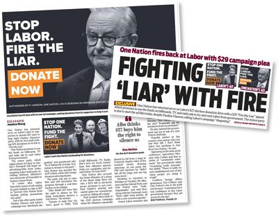As One Nation seeks donations to ‘fire the liar’, News Corp gives it front-page billing