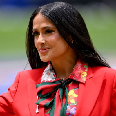 Salma Hayek's Strawberry-Red Gucci Suit Goes for Gold at the 2026 World Cup