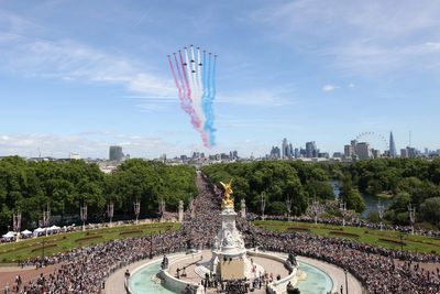 Red Arrows soar past Buckingham Palace for King’s official birthday as Royal Family watches on