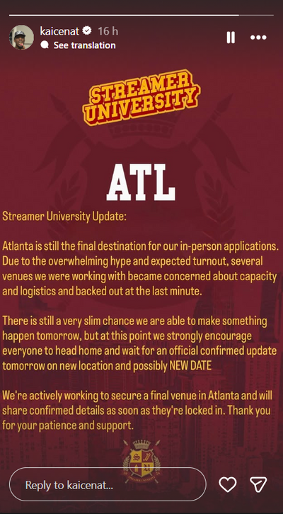 Kai Cenat tells fans to stay home as Atlanta Streamer University event fails to secure venue