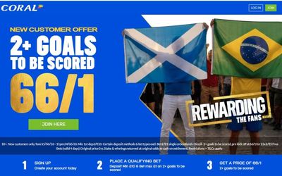 Get 66/1 on two or more goals in Scotland vs Brazil with Coral