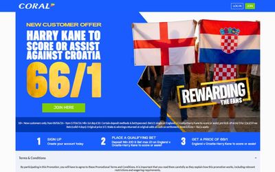 Coral World Cup betting offer: Harry Kane 66/1 to score or assist vs Croatia
