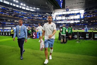 Pictured: Harry Kane seen with leg strapped after key brace in England win