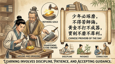 Chinese proverb of the day: 'The youthful student must carve and grind, he must not complain at the amount of...' - inspiring life lessons on education, knowledge, discipline, self-development and why talent alone will not make you successful