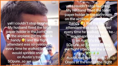 ‘The snack fairy’: Couple says the husband’s in-flight bathroom repair earned them dozens of snacks