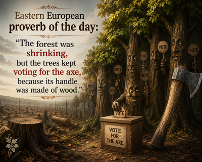 Best proverb of the day: “The forest was shrinking, but the trees kept voting for the axe, because...” — Why did the forest choose the axe? An old Eastern European proverb reveals why people often trust what feels familiar, and the powerful life lesson it teaches about self-deception, and the hidden consequences of everyday choices