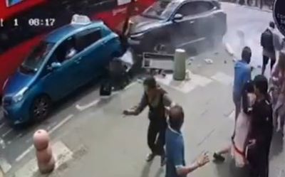 Shocking moment car mounts pavement and ploughs into London pedestrians injuring six